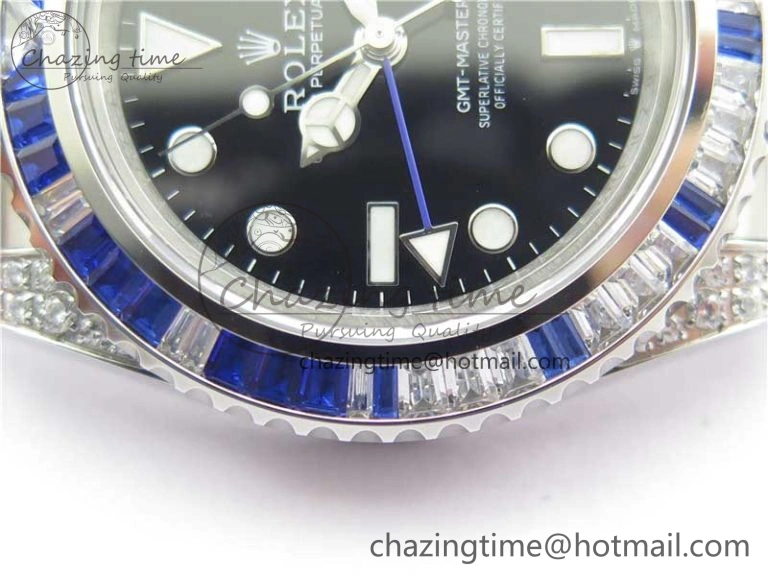 GMT-Master II White Blue Diamonds Bezel 904L Steel GMF Best Edition Black Dial On Jubilee Bracelet SA3285 CHS V3