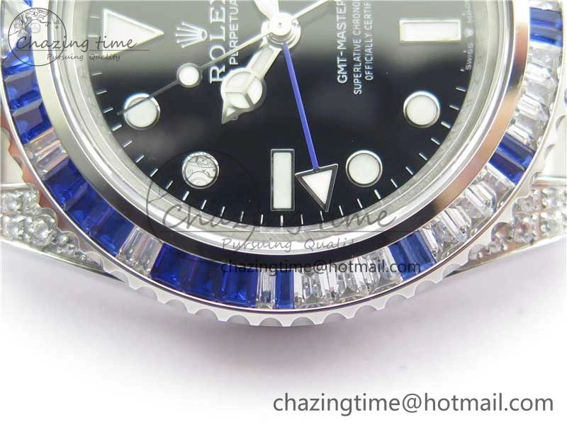 GMT-Master II White Blue Diamonds Bezel 904L Steel GMF Best Edition Black Dial On Jubilee Bracelet SA3285 CHS V3