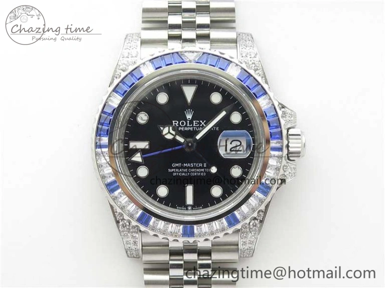 GMT-Master II White Blue Diamonds Bezel 904L Steel GMF Best Edition Black Dial On Jubilee Bracelet SA3285 CHS V3