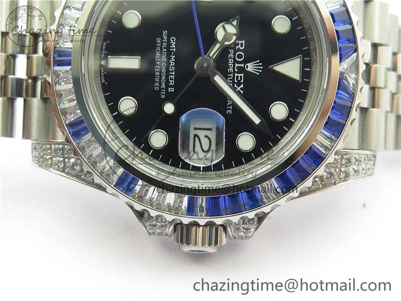 GMT-Master II White Blue Diamonds Bezel 904L Steel GMF Best Edition Black Dial On Jubilee Bracelet SA3285 CHS V3