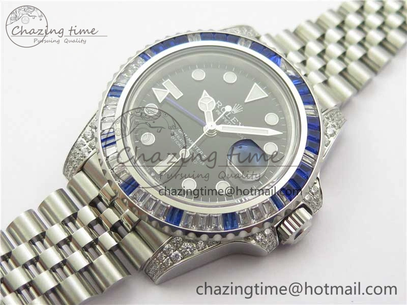 GMT-Master II White Blue Diamonds Bezel 904L Steel GMF Best Edition Black Dial On Jubilee Bracelet SA3285 CHS V3