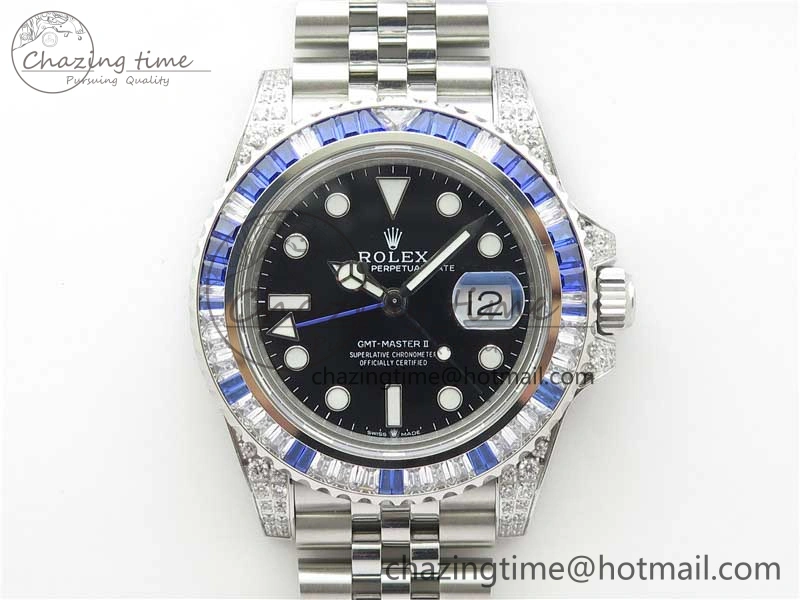 GMT-Master II White Blue Diamonds Bezel 904L Steel GMF Best Edition Black Dial On Jubilee Bracelet SA3285 CHS V3
