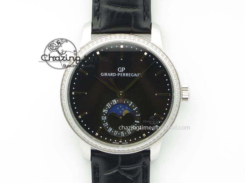 GP Moonphase SS Black Dial Diamond Bezel On Black Leather Strap On Cal.GP033MO