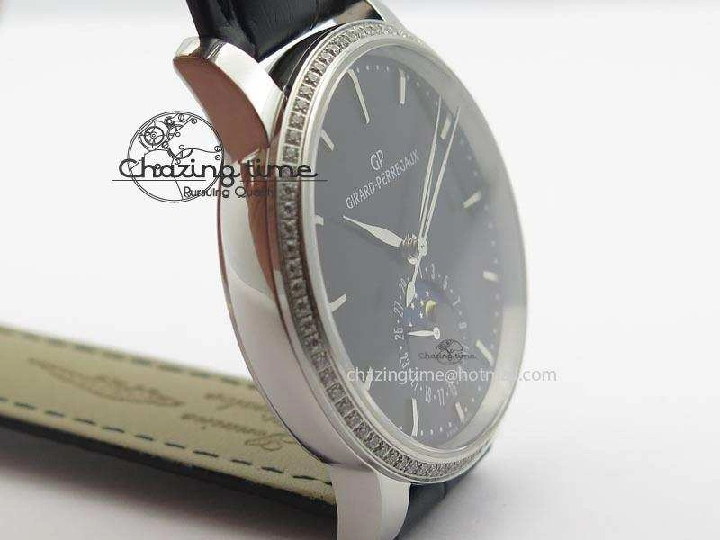 GP Moonphase SS Black Dial Diamond Bezel On Black Leather Strap On Cal.GP033MO