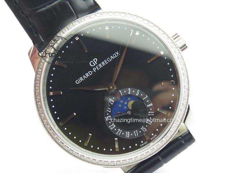GP Moonphase SS Black Dial Diamond Bezel On Black Leather Strap On Cal.GP033MO