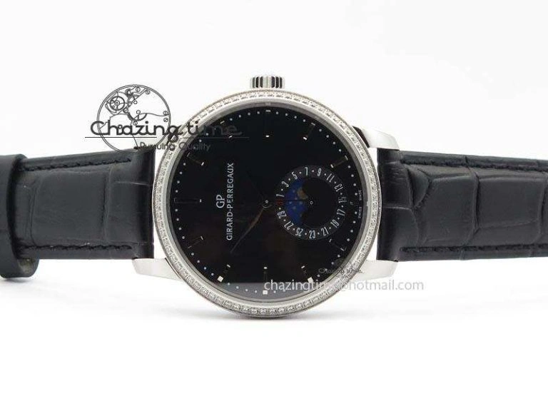 GP Moonphase SS Black Dial Diamond Bezel On Black Leather Strap On Cal.GP033MO