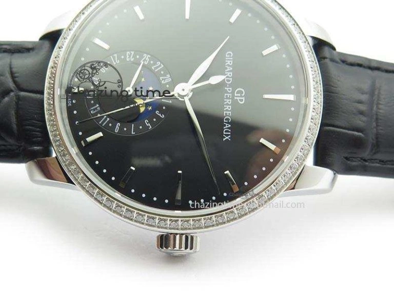 GP Moonphase SS Black Dial Diamond Bezel On Black Leather Strap On Cal.GP033MO
