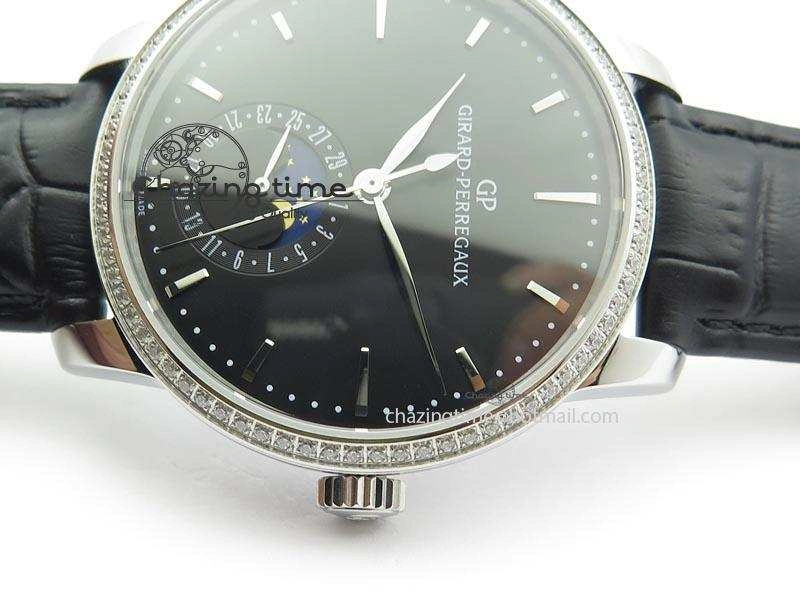 GP Moonphase SS Black Dial Diamond Bezel On Black Leather Strap On Cal.GP033MO