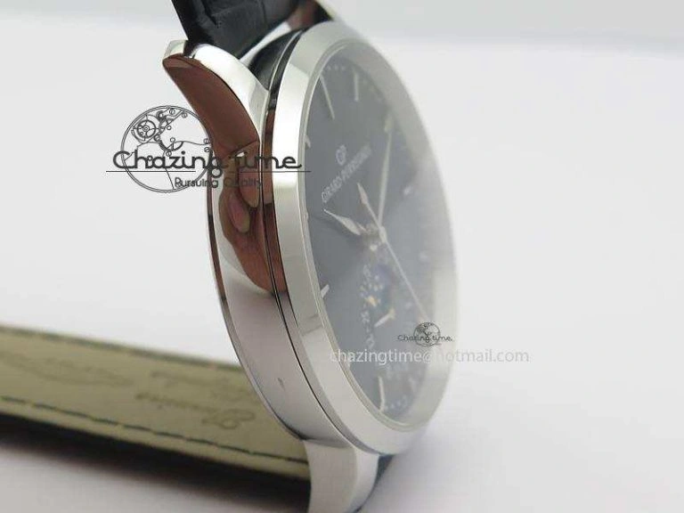 GP Moonphase SS Black Dial On Black Leather Strap On Cal.GP033MO