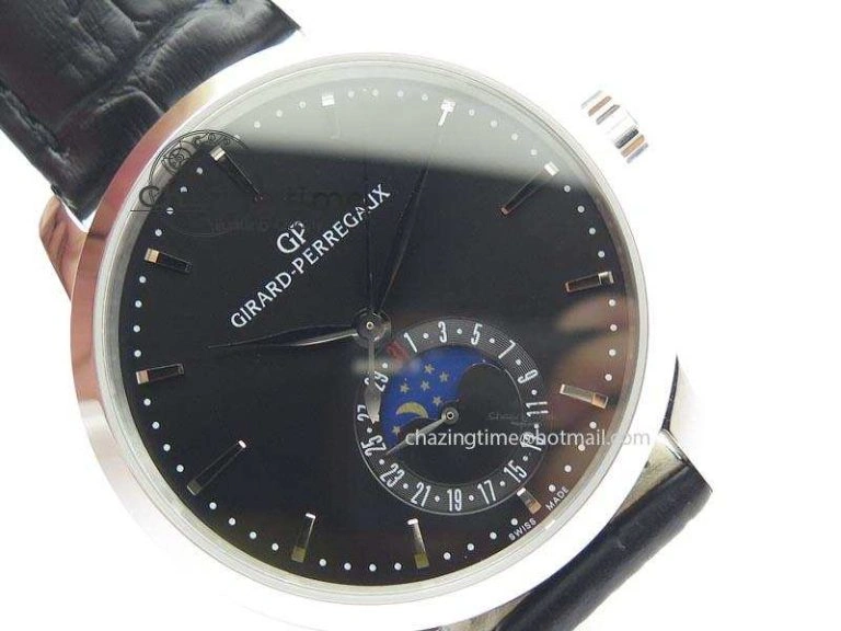 GP Moonphase SS Black Dial On Black Leather Strap On Cal.GP033MO