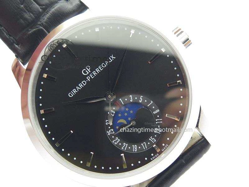 GP Moonphase SS Black Dial On Black Leather Strap On Cal.GP033MO