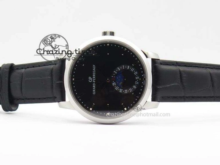GP Moonphase SS Black Dial On Black Leather Strap On Cal.GP033MO