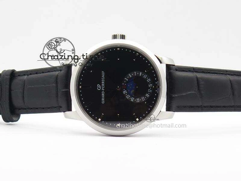 GP Moonphase SS Black Dial On Black Leather Strap On Cal.GP033MO