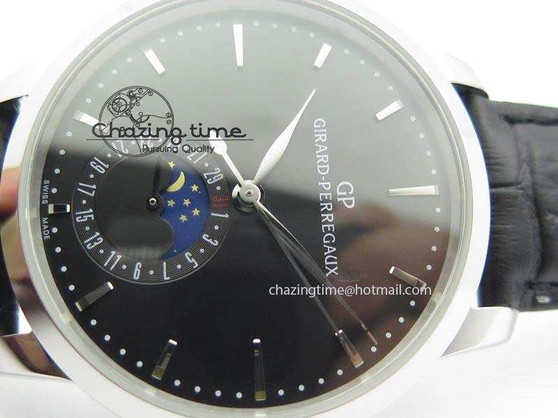 GP Moonphase SS Black Dial On Black Leather Strap On Cal.GP033MO