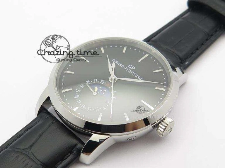 GP Moonphase SS Black Dial On Black Leather Strap On Cal.GP033MO
