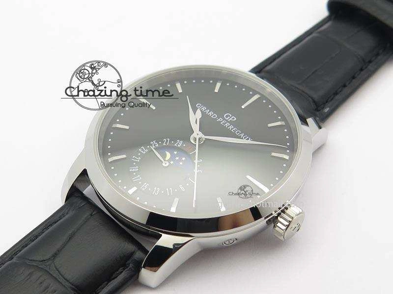 GP Moonphase SS Black Dial On Black Leather Strap On Cal.GP033MO