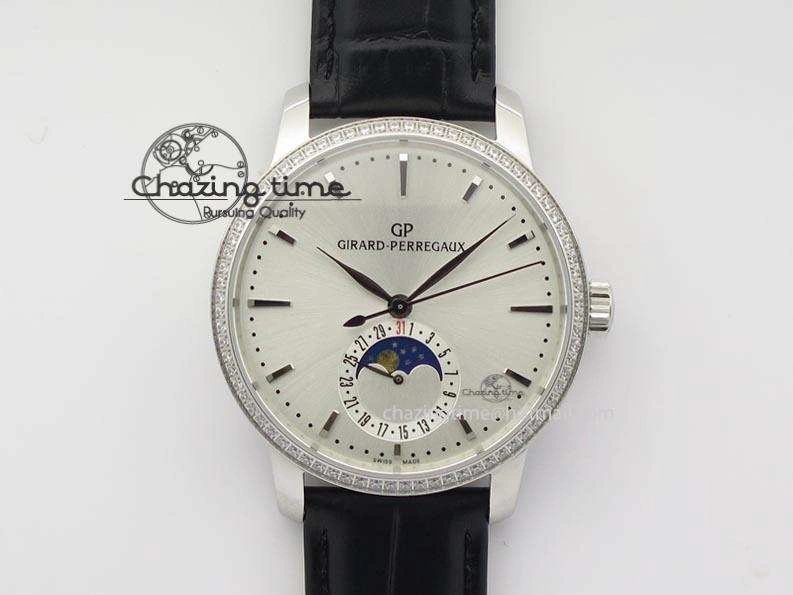 GP Moonphase SS Silver Dial Diamond Bezel On Black Leather Strap On Cal.GP033MO