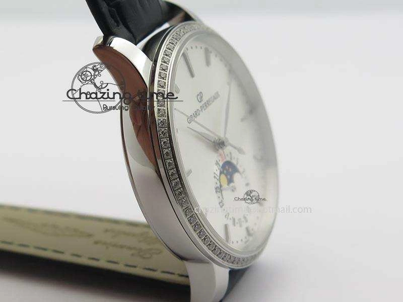 GP Moonphase SS Silver Dial Diamond Bezel On Black Leather Strap On Cal.GP033MO