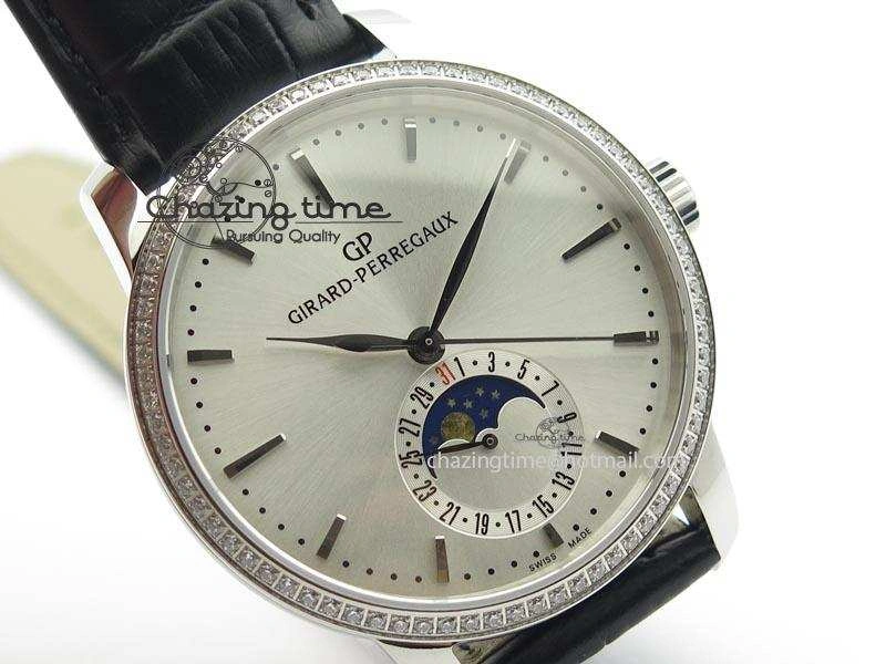 GP Moonphase SS Silver Dial Diamond Bezel On Black Leather Strap On Cal.GP033MO