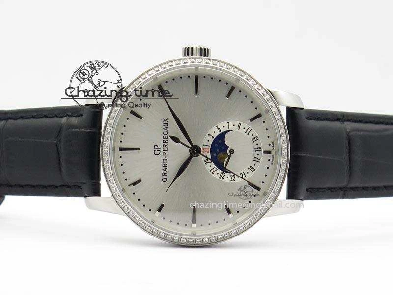 GP Moonphase SS Silver Dial Diamond Bezel On Black Leather Strap On Cal.GP033MO