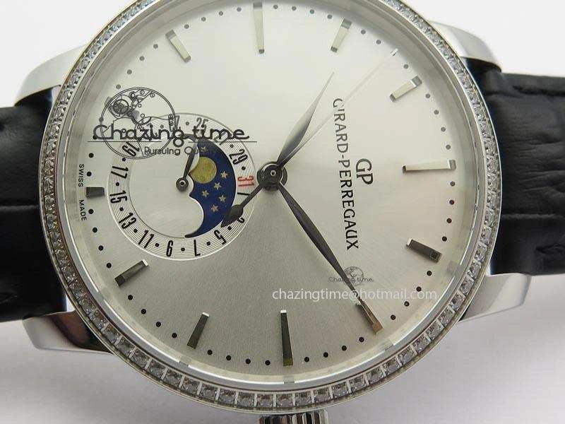 GP Moonphase SS Silver Dial Diamond Bezel On Black Leather Strap On Cal.GP033MO