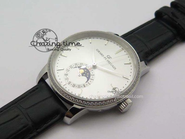 GP Moonphase SS Silver Dial Diamond Bezel On Black Leather Strap On Cal.GP033MO