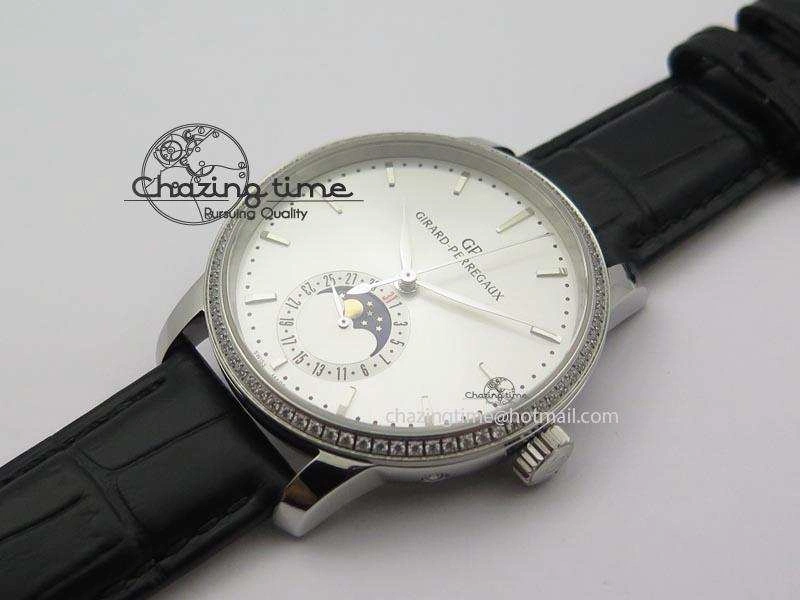 GP Moonphase SS Silver Dial Diamond Bezel On Black Leather Strap On Cal.GP033MO