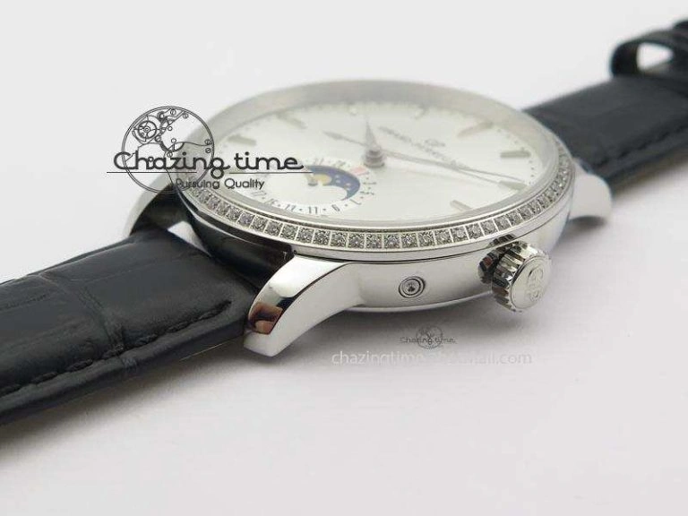 GP Moonphase SS Silver Dial Diamond Bezel On Black Leather Strap On Cal.GP033MO
