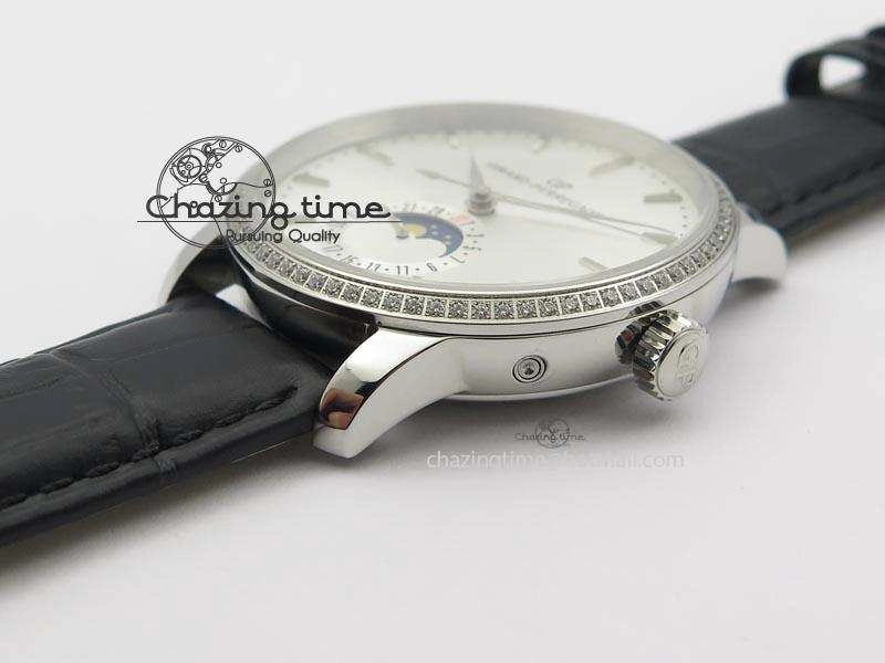 GP Moonphase SS Silver Dial Diamond Bezel On Black Leather Strap On Cal.GP033MO