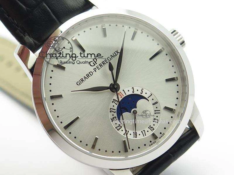 GP Moonphase SS Silver Dial On Black Leather Strap On Cal.GP033MO