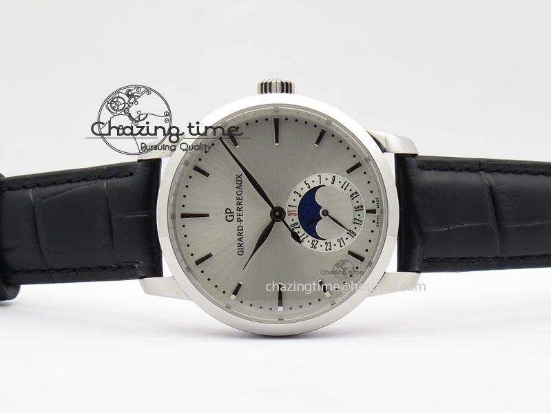GP Moonphase SS Silver Dial On Black Leather Strap On Cal.GP033MO