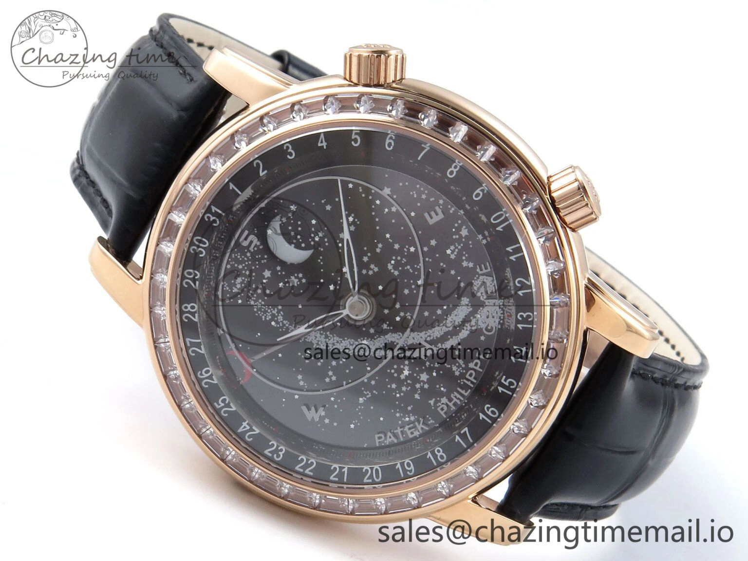 Grand Complications 6102G Moon YLF RG Black Dial Crystal Bezel on Black Leather Strap A240