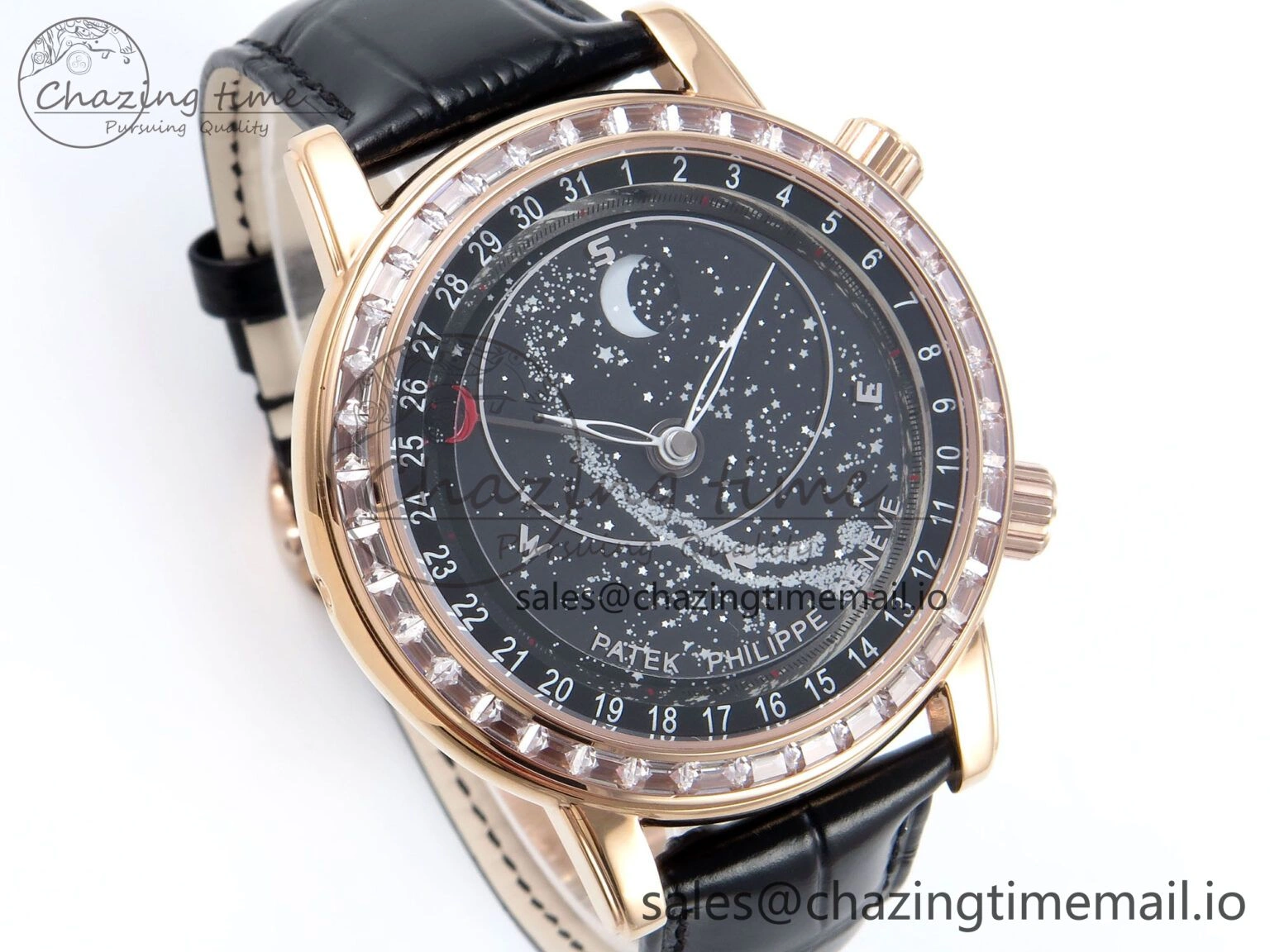 Grand Complications 6102G Moon YLF RG Black Dial Crystal Bezel on Black Leather Strap A240