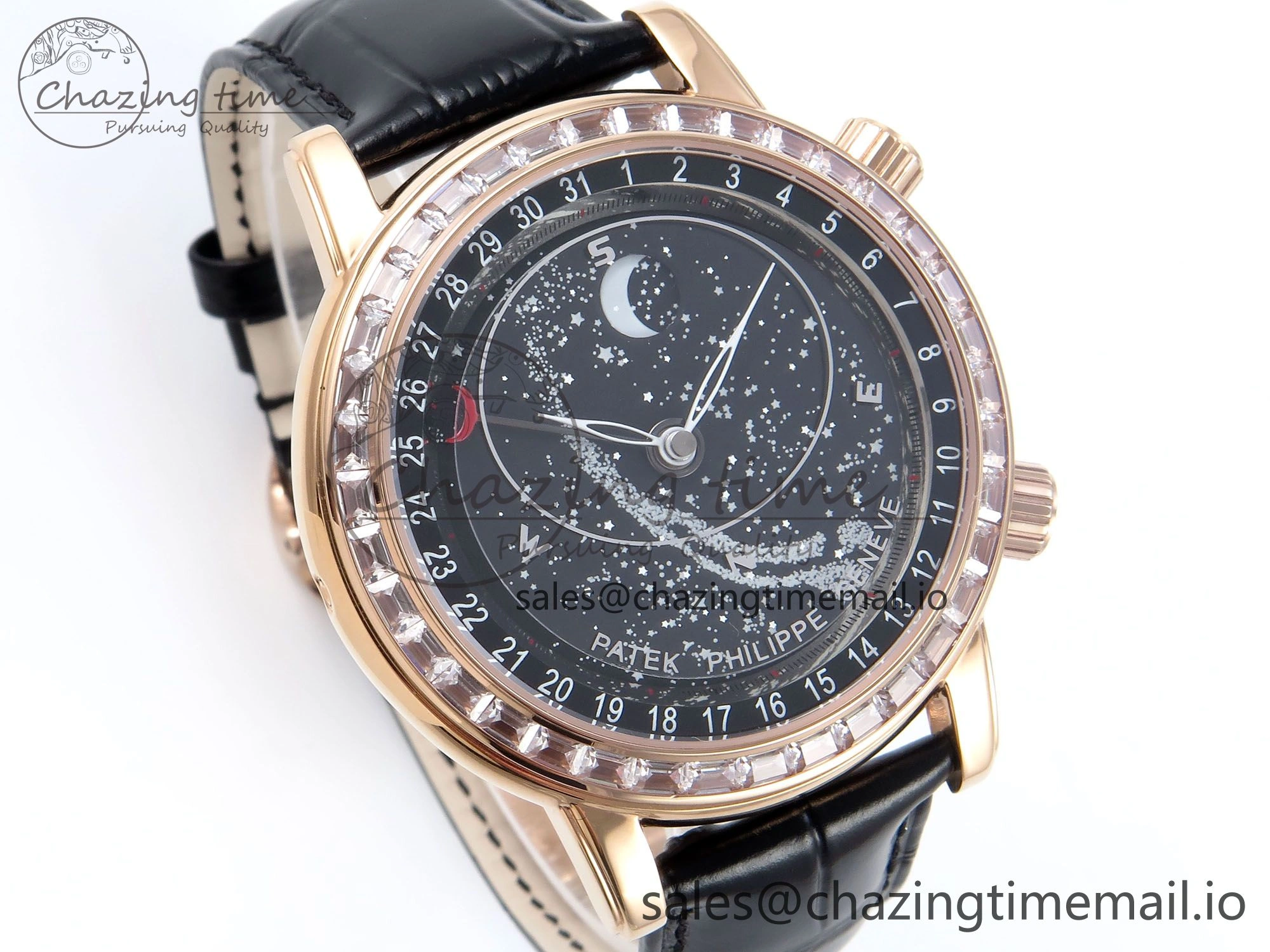 Grand Complications 6102G Moon YLF RG Black Dial Crystal Bezel on Black Leather Strap A240