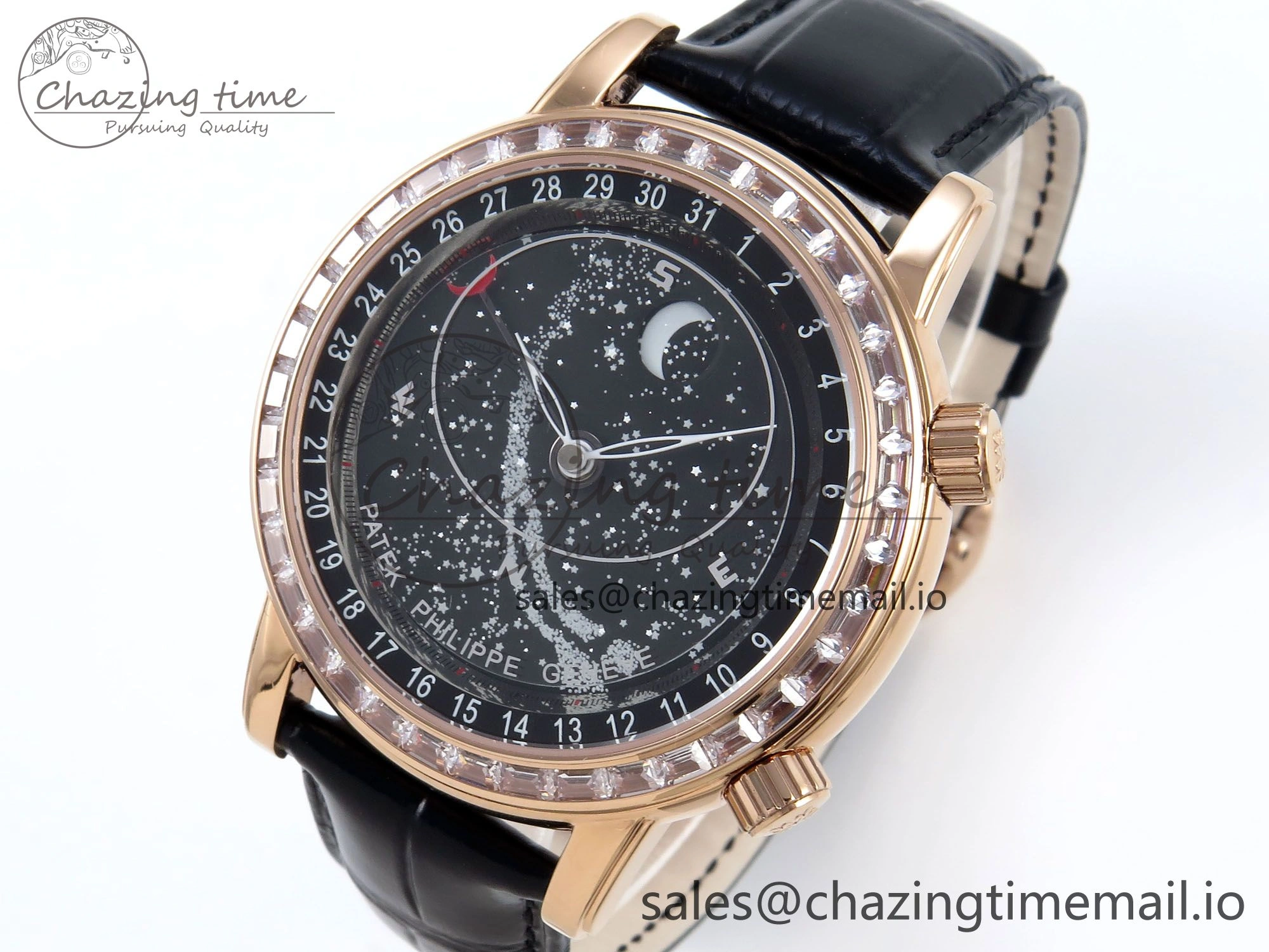 Grand Complications 6102G Moon YLF RG Black Dial Crystal Bezel on Black Leather Strap A240