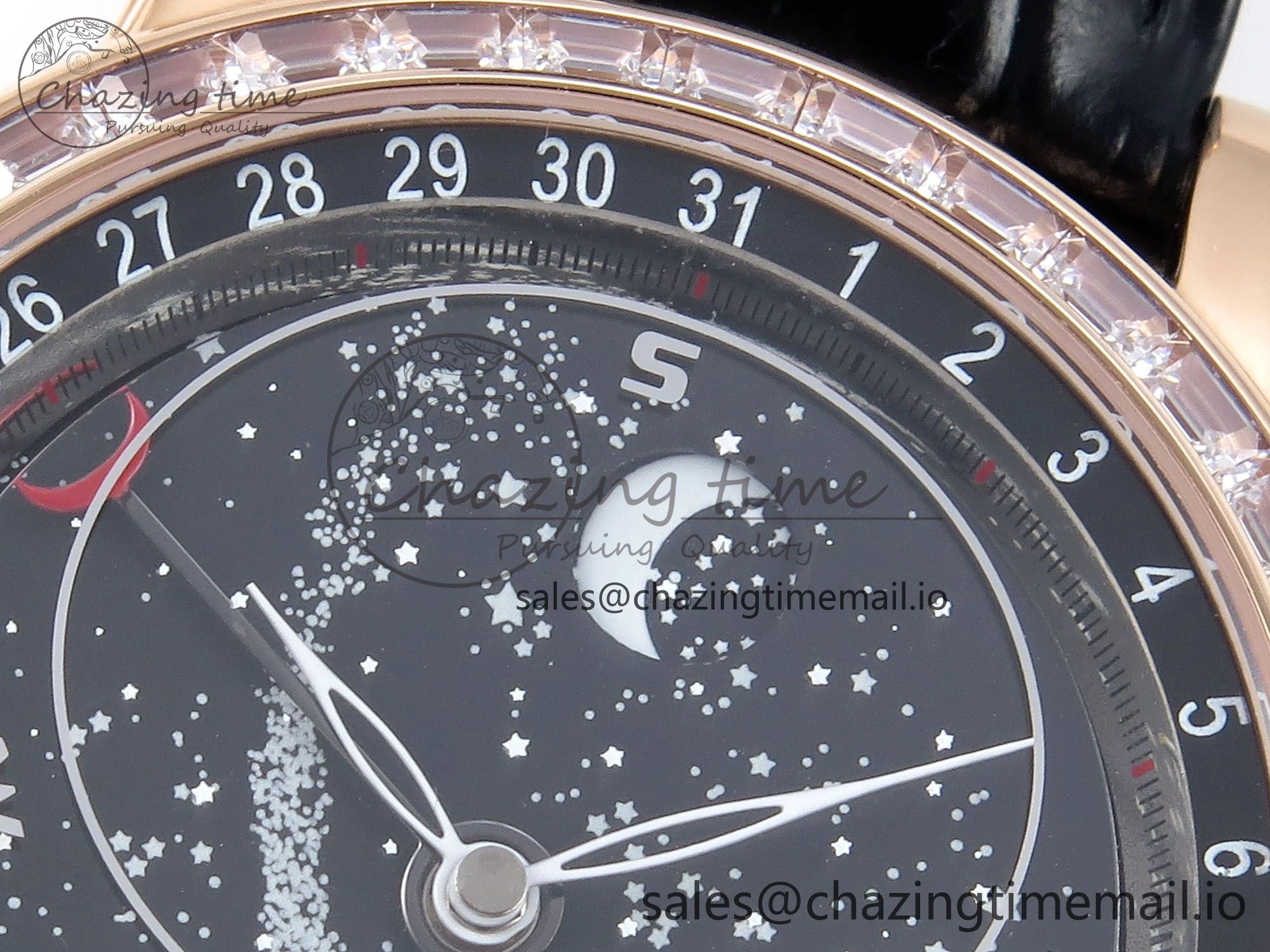 Grand Complications 6102G Moon YLF RG Black Dial Crystal Bezel on Black Leather Strap A240
