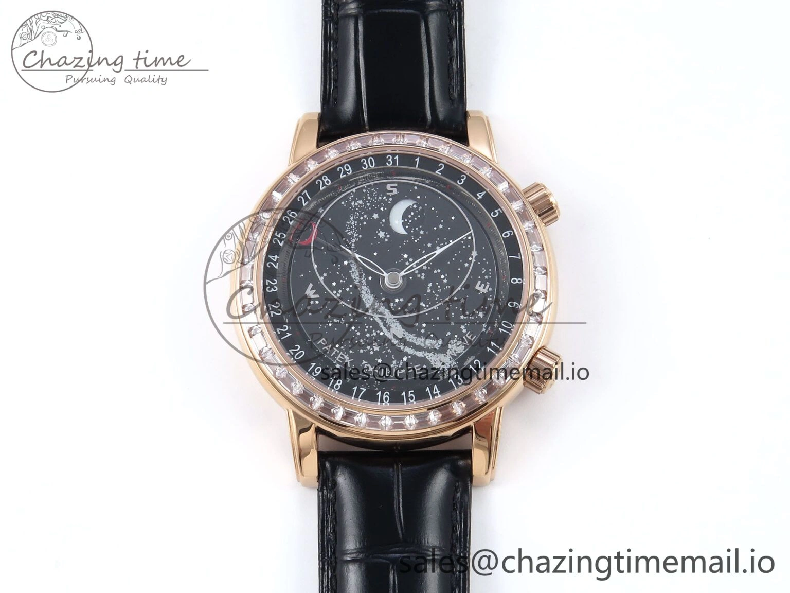 Grand Complications 6102G Moon YLF RG Black Dial Crystal Bezel on Black Leather Strap A240