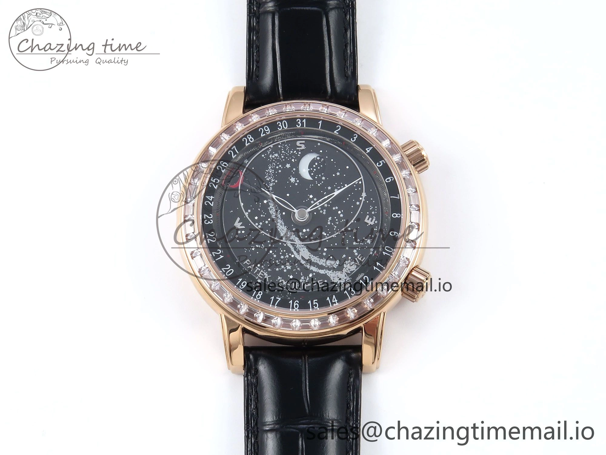 Grand Complications 6102G Moon YLF RG Black Dial Crystal Bezel on Black Leather Strap A240