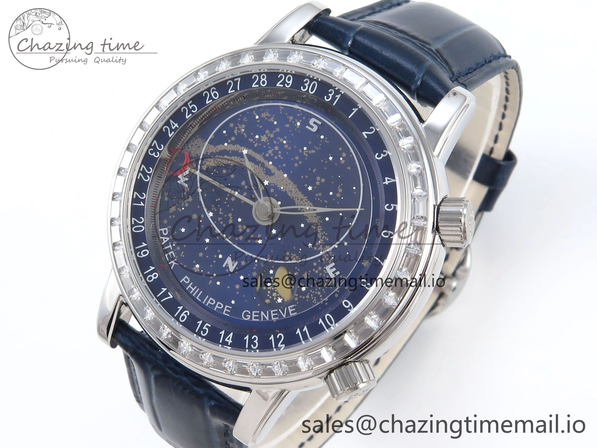 Grand Complications 6102G Moon YLF SS Blue Dial Crystal Bezel on Blue Leather Strap A240
