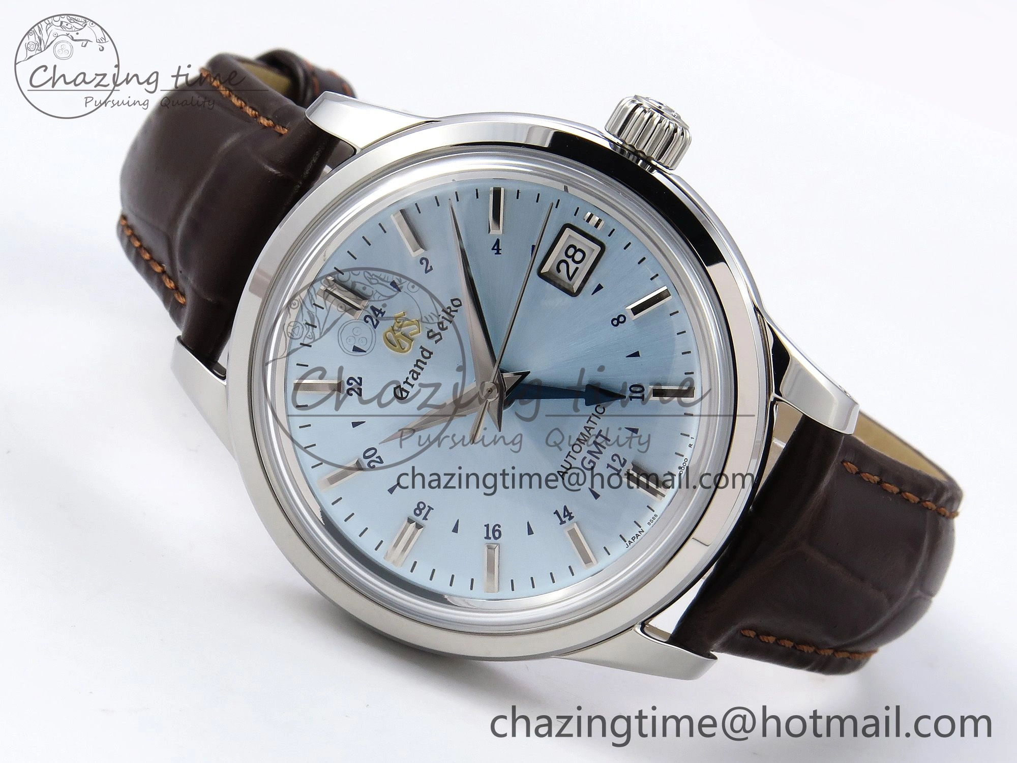 Grand Seiko Elegance GMT SS GSF 1:1 Best Edition Ice Blue Dial on Brown Leather Strap NH34
