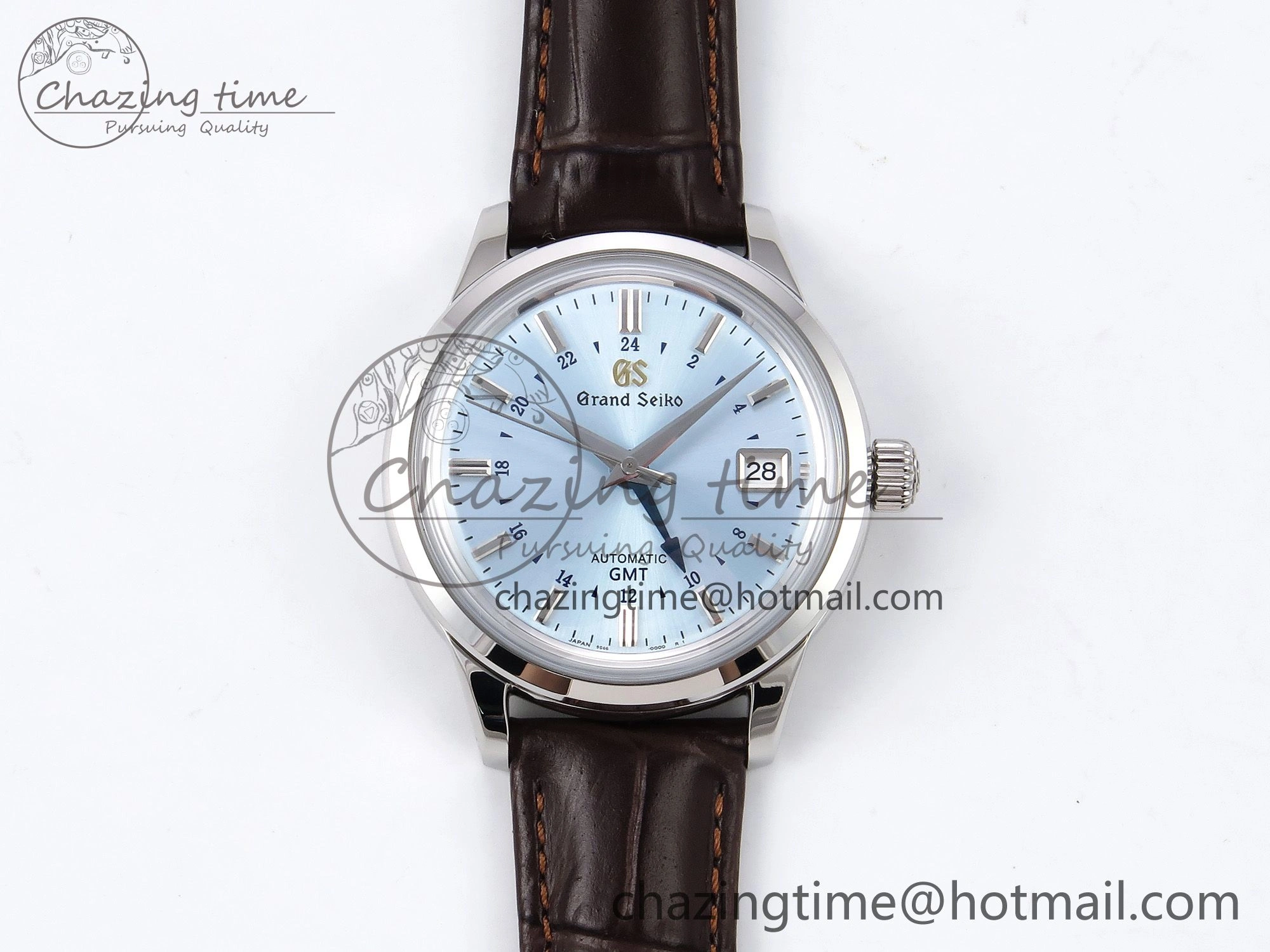 Grand Seiko Elegance GMT SS GSF 1:1 Best Edition Ice Blue Dial on Brown Leather Strap NH34