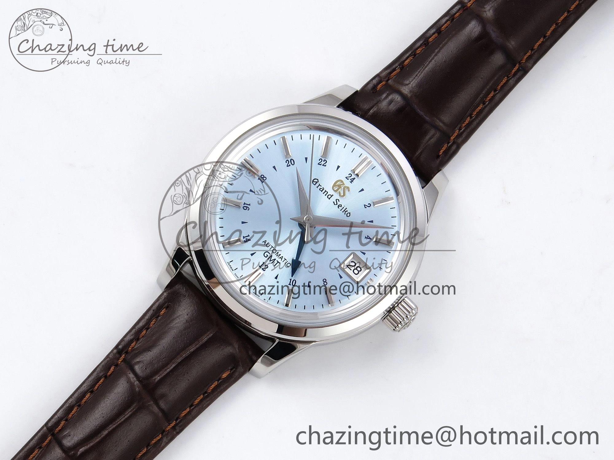 Grand Seiko Elegance GMT SS GSF 1:1 Best Edition Ice Blue Dial on Brown Leather Strap NH34