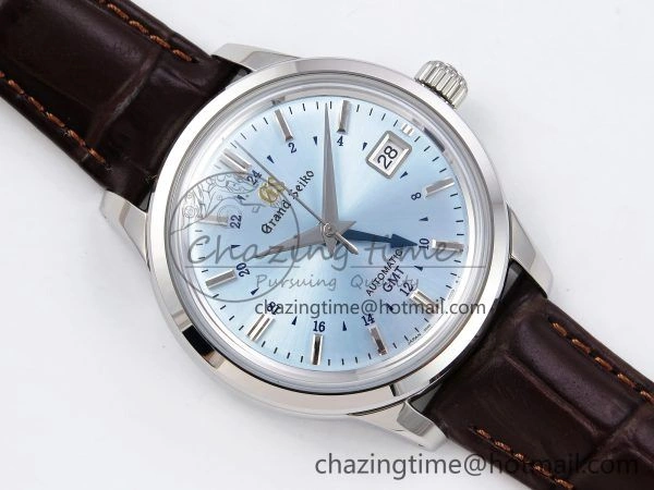 Grand Seiko Elegance GMT SS GSF 1:1 Best Edition Ice Blue Dial on Brown Leather Strap NH34