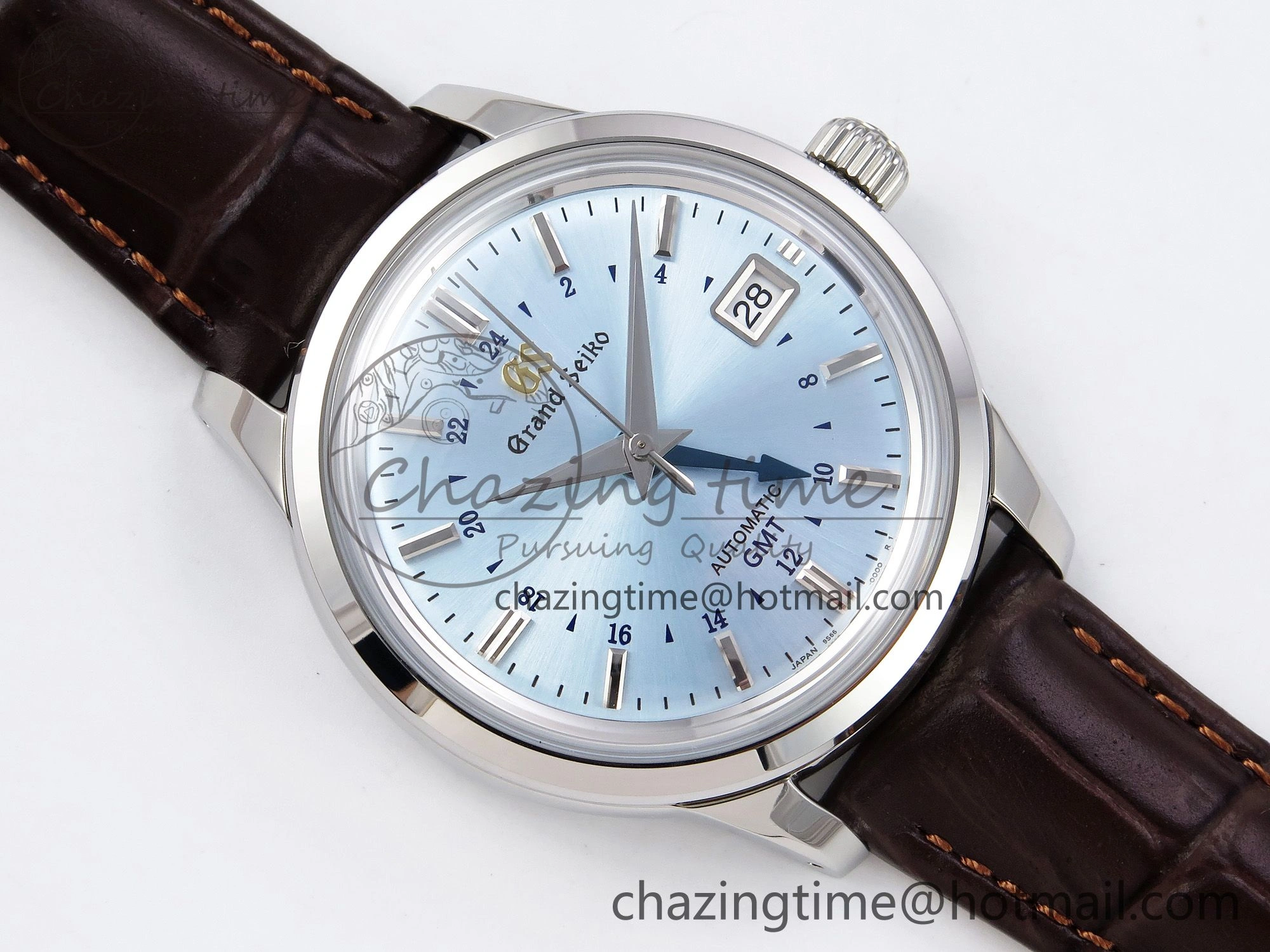 Grand Seiko Elegance GMT SS GSF 1:1 Best Edition Ice Blue Dial on Brown Leather Strap NH34