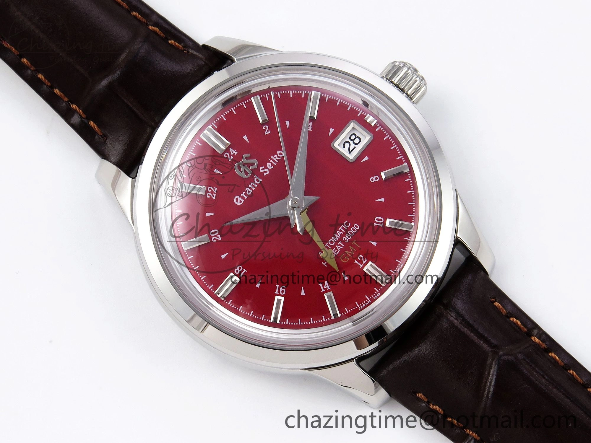 Grand Seiko Elegance GMT SS GSF 1:1 Best Edition Red Dial on Brown Leather Strap NH34