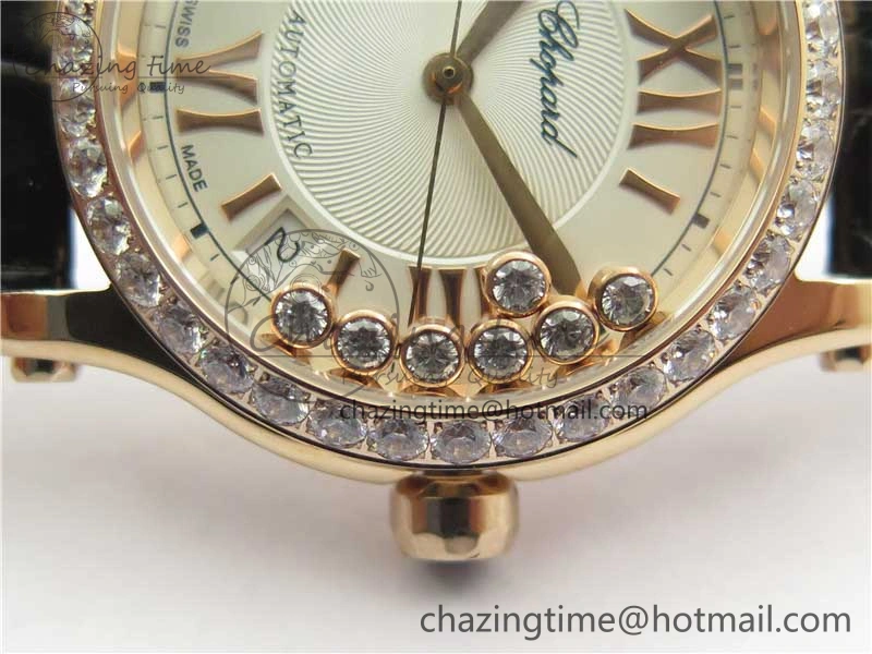 HAPPY SPORT AUTOMATIC RG 36MM CRYSTAL YYF 1:1 BEST EDITION WHITE DIAL ON BLACK LEATHER STRAP A2892