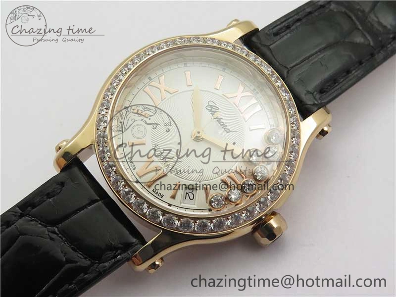 HAPPY SPORT AUTOMATIC RG 36MM CRYSTAL YYF 1:1 BEST EDITION WHITE DIAL ON BLACK LEATHER STRAP A2892