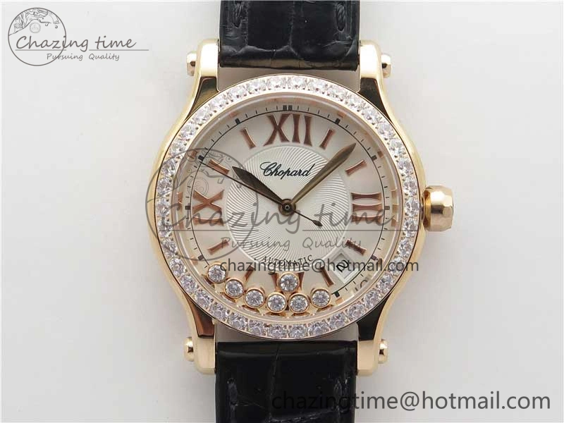 HAPPY SPORT AUTOMATIC RG 36MM CRYSTAL YYF 1:1 BEST EDITION WHITE DIAL ON BLACK LEATHER STRAP A2892