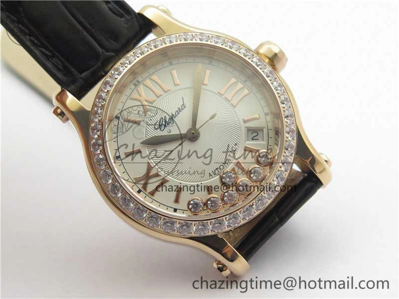 HAPPY SPORT AUTOMATIC RG 36MM CRYSTAL YYF 1:1 BEST EDITION WHITE DIAL ON BLACK LEATHER STRAP A2892