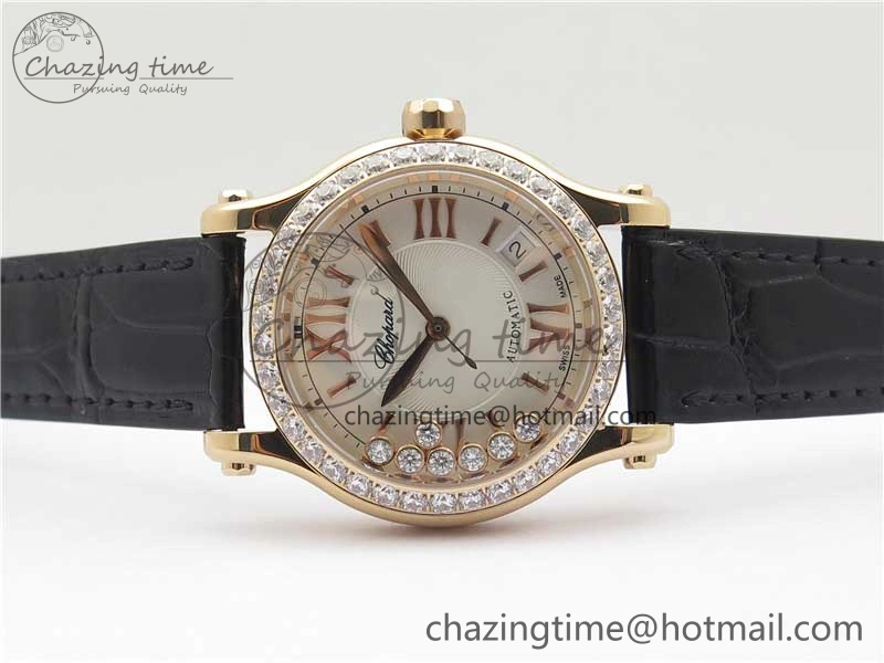 HAPPY SPORT AUTOMATIC RG 36MM CRYSTAL YYF 1:1 BEST EDITION WHITE DIAL ON BLACK LEATHER STRAP A2892